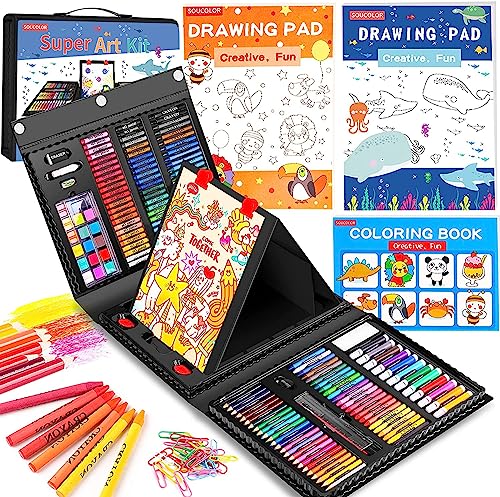 Soucolor Art Supplies, 283 Pieces Drawing Set Art Kits with Trifold Easel, 2 Drawing Pads, 1 Coloring Book, Crayons, Pastels, Arts and Crafts Gifts