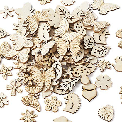 Elecrelive 300pcs Assorted Unfinished Wooden Cutouts Flower Leaf Butterfly Small Blank Wood Slice Pieces Ornaments Hanging Embellishments for DIY Art - WoodArtSupply