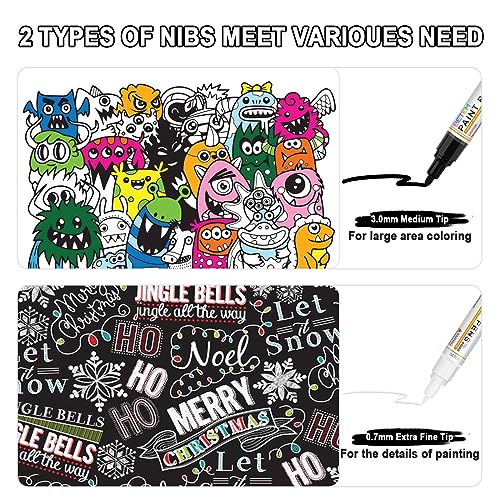 Betem 4 Count Dual Tip Oil Based White Black Paint Markers Paint Pens(0.7mm & 3mm), Permanent Paint Marker, Waterproof, Quick Dry, for Rock Painting, Betem