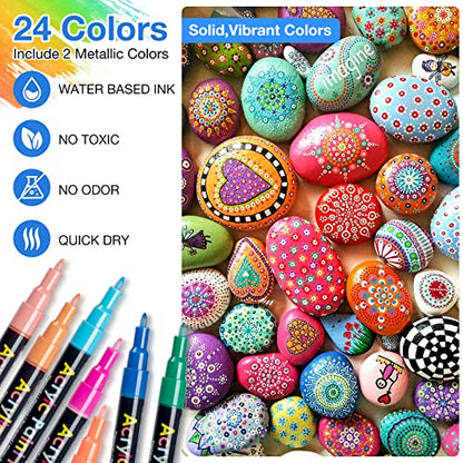 Acrylic Paint Pens for Rocks Paint Markers - 24 Colors Fine Point Paint Pens, Acrylic Paint Markers for Canvas, Wood, Plastic, Glass, Metal, Ceramic,