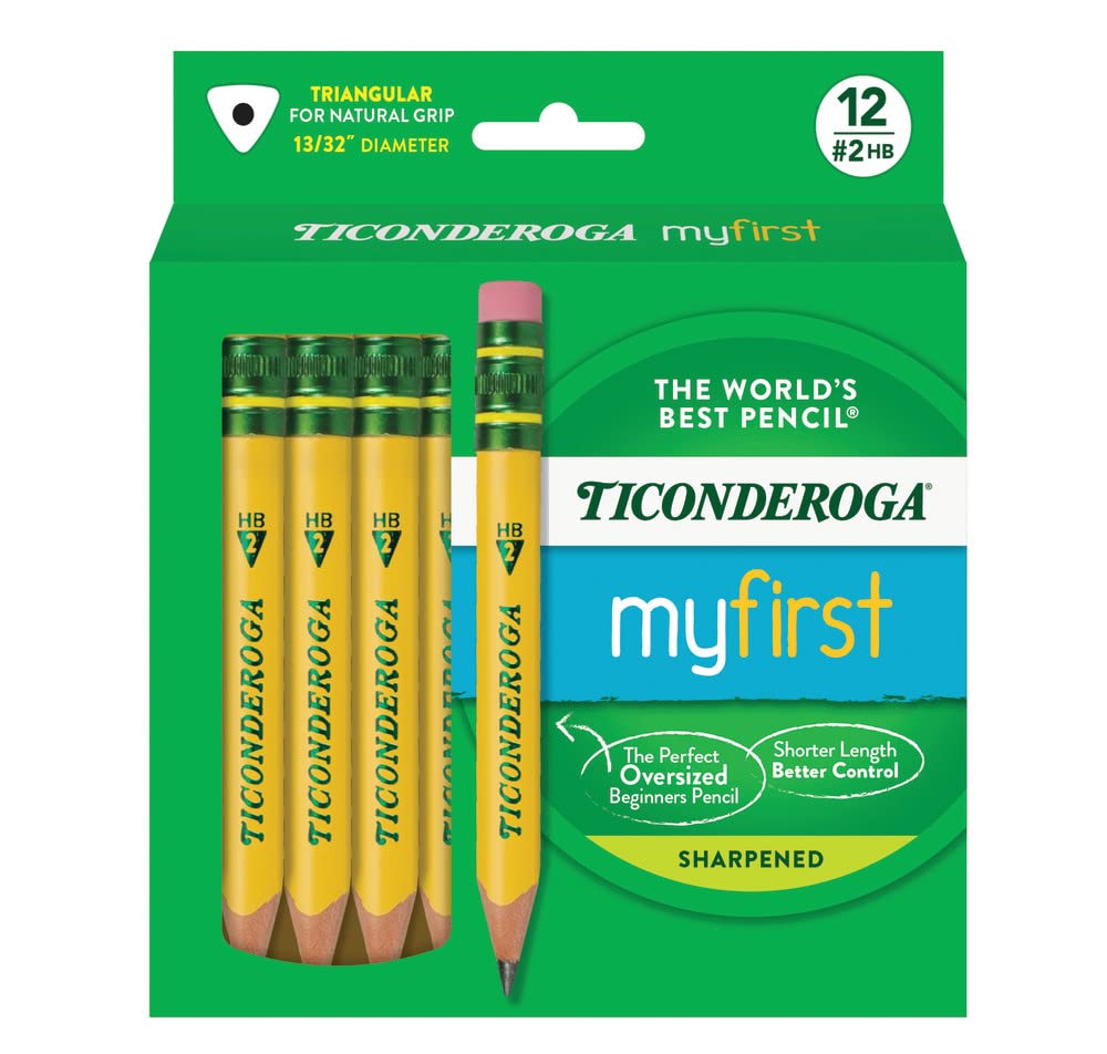 Ticonderoga My First Short Triangular Wood-Cased Pencils, 2 HB Soft, With Erasers, Yellow, 12 Count Ticonderoga
