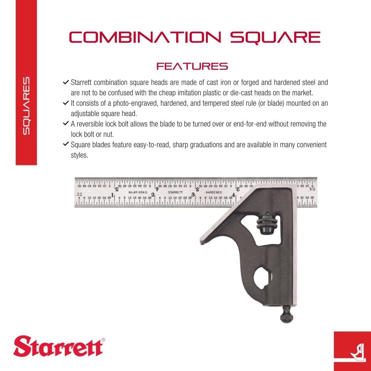 Starrett Steel Combination Square with Square Head - 6" Blade Length, Cast Iron Heads, Hardened Steel, Reversible Lock Bolt, Scriber, Spirit Level - Starrett