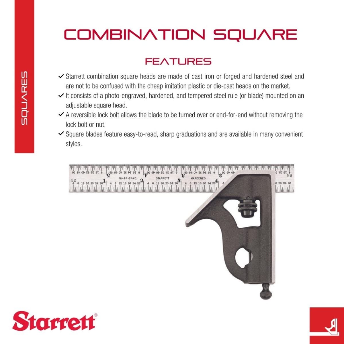 Starrett Steel Combination Square with Square Head - 6" Blade Length, Cast Iron Heads, Hardened Steel, Reversible Lock Bolt, Scriber, Spirit Level - - WoodArtSupply