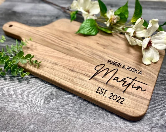 Engraved Cutting Board with Handle, Newly Wed Gifts, Charcuterie Board Personalized Serving Board Personalized Cheese Board Engagement Gifts - WoodArtSupply