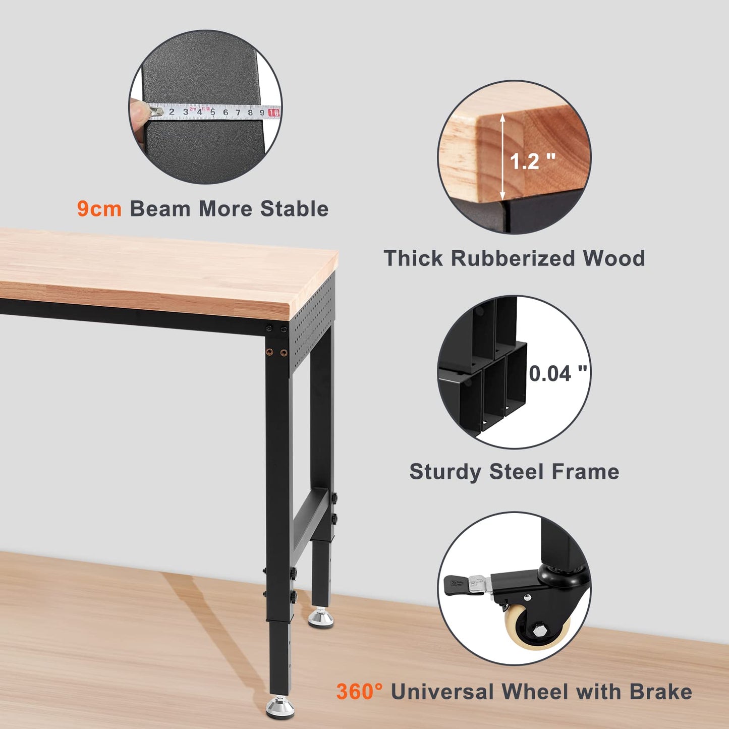 VEVOR Adjustable Workbench, 60" L x 22" W, 28"-39.5" Heights, 2000 lbs Load Capacity, Garage Worktable with Universal Wheels, Power Outlets & - WoodArtSupply