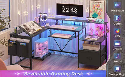 VIGKOOK L Shaped Gaming Desk, Adjustable Drafting Table, Reversible Corner Office Desk with Storage, Power Outlet LED Light File Cabinet Keyboard - WoodArtSupply