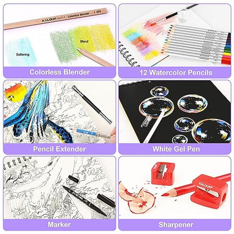 KALOUR 200PCS Colored Pencils Set for Adult Coloring Books with Tutorial & Color Chart, 180 Artists Colored Pencils,12 Watercolor Pencils,Art KALOUR PDAS