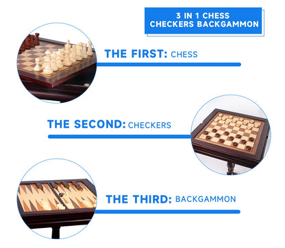 GSE Wooden 3-in-1 Chess Checkers Backgammon Table Set for Family Board Games
