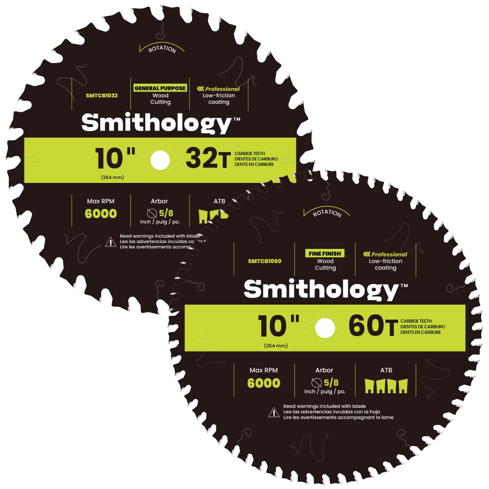 Smithology 10 Inch Table Saw Blades – 2 Pack | ATB 32 Tooth & 60 Tooth | Carbide Tipped | Thin Kerf | for Wood Crosscutting, Ultra Fine Finishing | Smithology