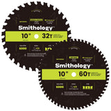Smithology 10 Inch Table Saw Blades – 2 Pack | ATB 32 Tooth & 60 Tooth | Carbide Tipped | Thin Kerf | for Wood Crosscutting, Ultra Fine Finishing | Smithology
