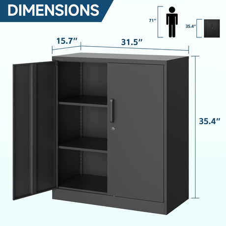 MIIIKO Metal Storage Cabinet with Locking Doors, 2-Door Metal Locker with 2 Shelves, Black Metal Cabinet with Lock for Home Office, Garage, Utility MIIIKO