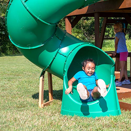 Backyard Discovery Skyfort All Cedar Swing Set, Elevated Covered Wood Roof Clubhouse with Bay Windows, 2 Belt Swings, Web Swing, 10ft Wave Slide, 5