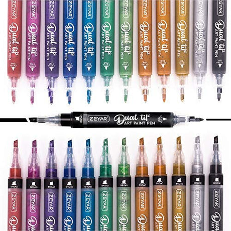 ZEYAR Dual Tip Acrylic Paint Pens 12 Metallic Colors, Board and Extra Fine Tips, Patented product, Water Based Acrylic & Waterproof Ink (12 Metallic ZEYAR