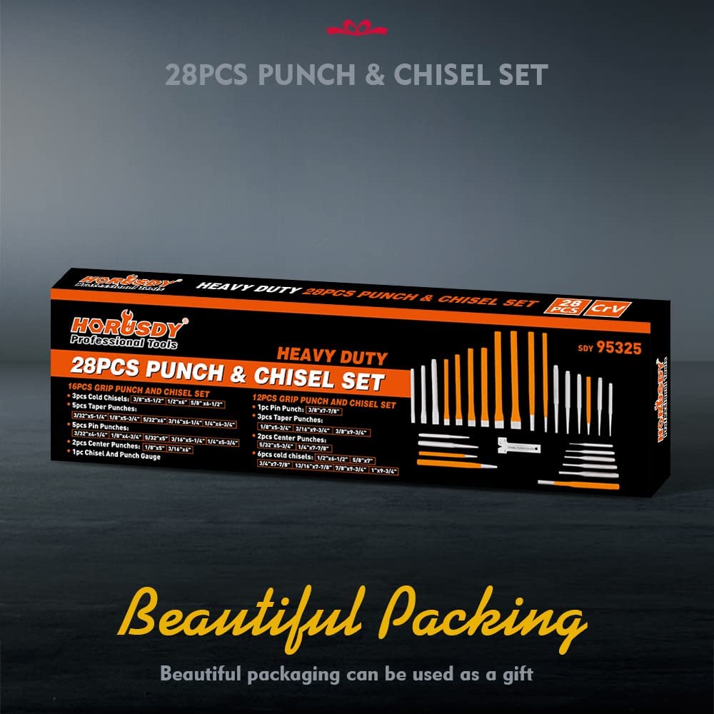 HORUSDY 28-Piece Heavy Duty Punch and Chisel Set, Including Taper Punch, Cold Chisels, Pin Punch, Center Punch HORUSDY