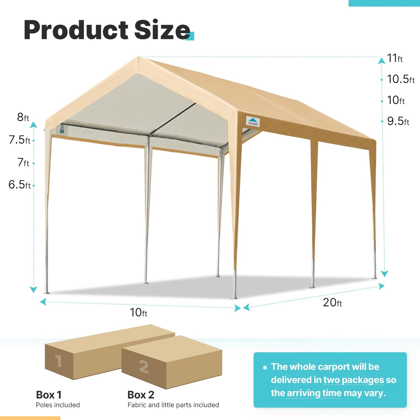 ADVANCE OUTDOOR Adjustable 10x20 ft Heavy Duty Carports Car Canopy Garage Boat Shelter Party Tent, Adjustable Height from 9.5 ft to 11 ft, Beige