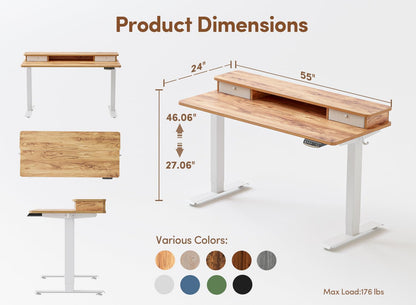 BANTI 55x24 Inch Electric Standing Desk with Double Drawers, Adjustable Height Stand Up Desk, Sit Stand Home Office Desk with Storage Shelf, Light - WoodArtSupply