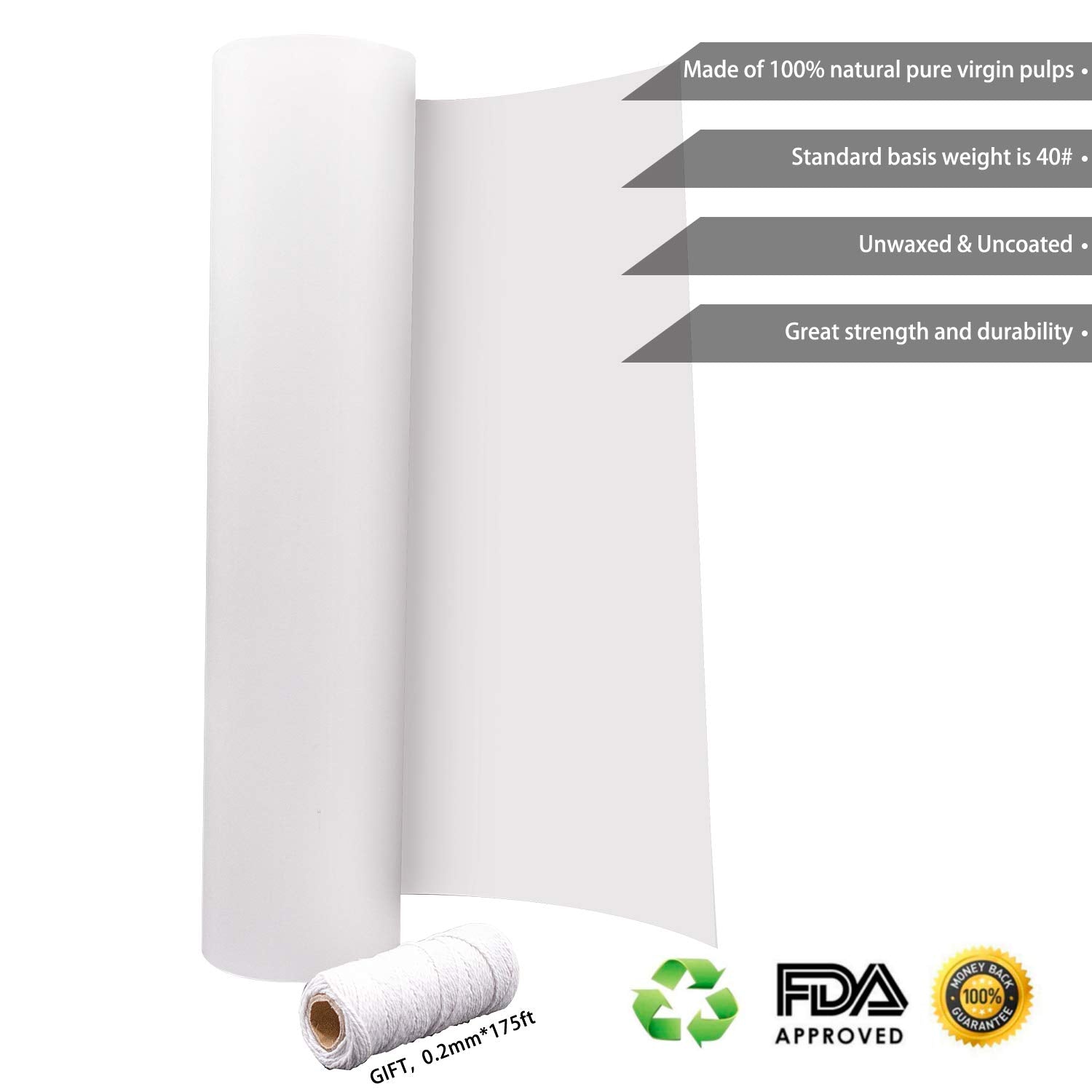 YRYM HT White Kraft Butcher Paper Roll -18 inch x 2100 inch (176 ft) Food Grade White Wrapping Paper for Meats of All Varieties - Unbleached Unwaxed - WoodArtSupply