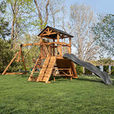 Backyard Discovery Endeavor II All Cedar Wood Swing Set Playset for Backyard with Gray Wave Slide Climbing Wall with Rope Picnic Table Double Wide Backyard Discovery