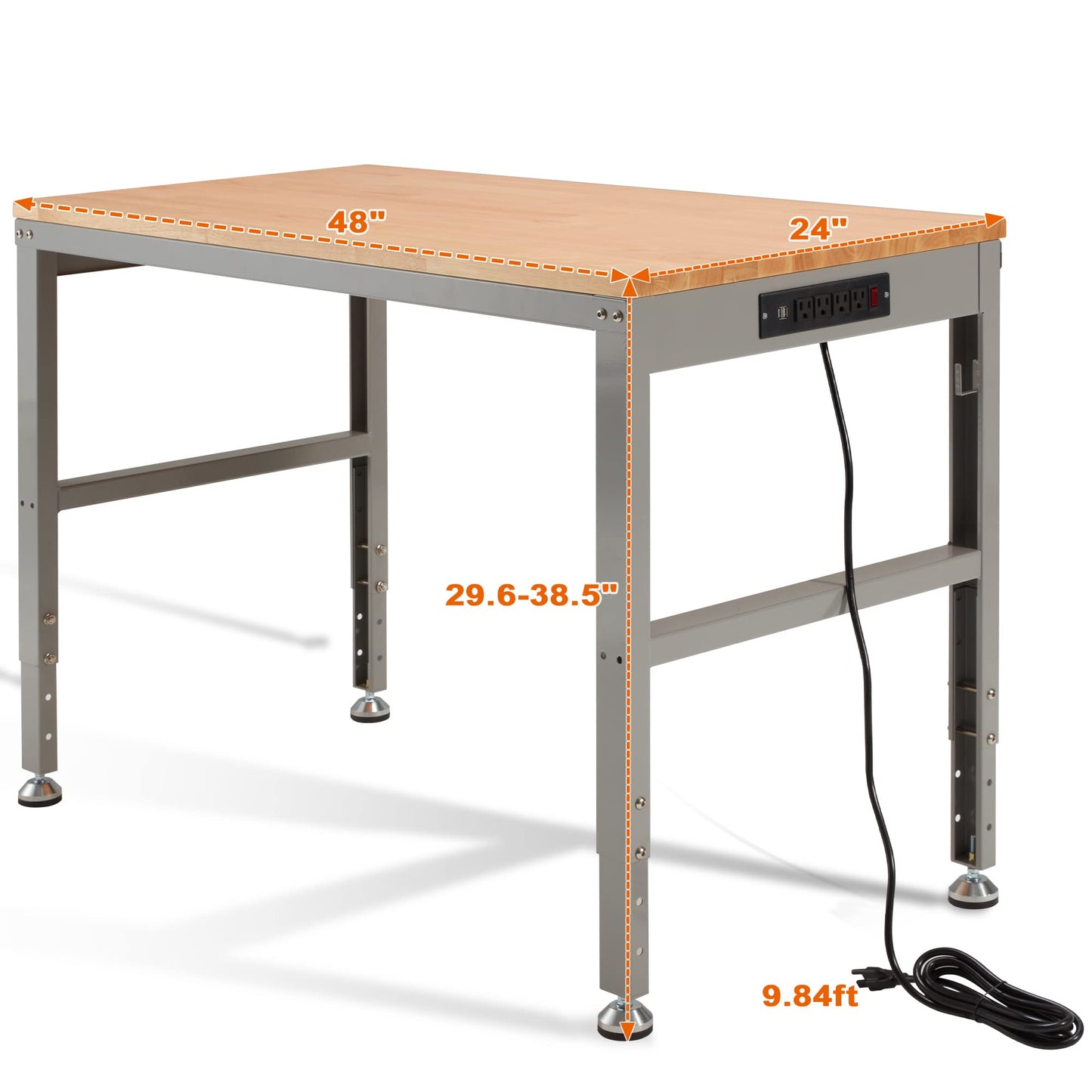 Haddockway Adjustable Workbench for Garage, 48"x 24" Rubber Wood Top Work Bench with Power Outlets, Max 2000 Lbs Load Capacity Heavy Duty Workstation