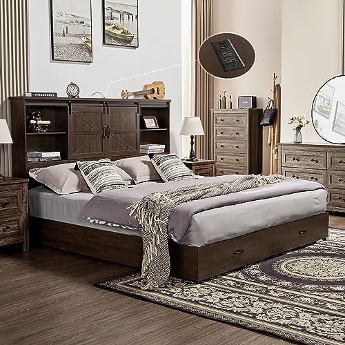 VanAcc Rustic Wooden Platform Storage Bed with Bookcase Headboard and Charging Station - WoodArtSupply