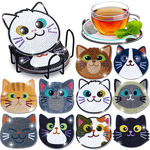 Insnug 10PCs Diamond Painting Coasters Set - Cat Theme Diamond Art Coasters Painting Kits for Kids and Adult Diamond Dots, Arts and Crafts DIY Kits - WoodArtSupply