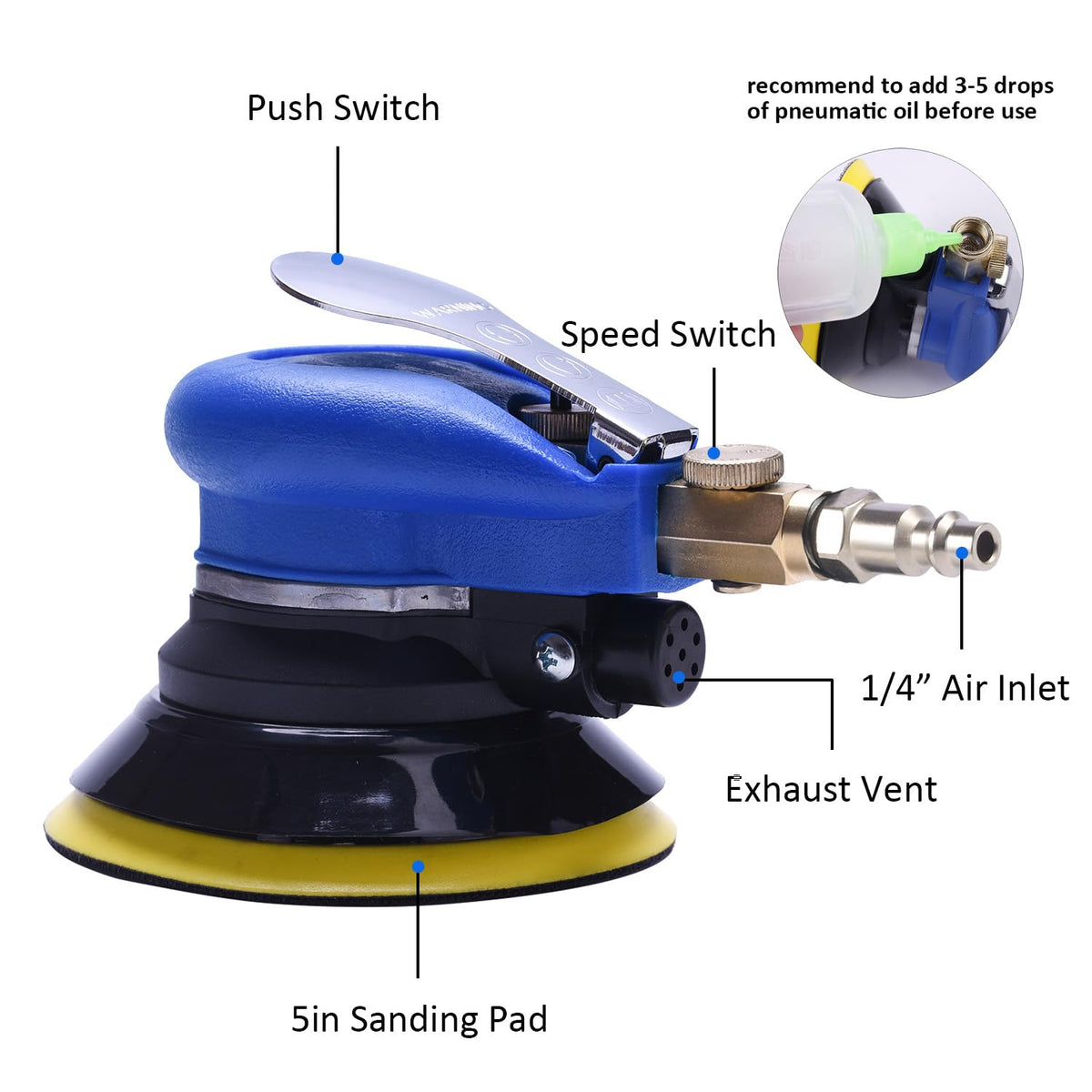 ZHONG AN 5 inch Pneumatic Orbital Sander, Daul Action Air Sander with Hook and Loop Sanding Pad for Woodworking, Autobody Work ZHONG AN