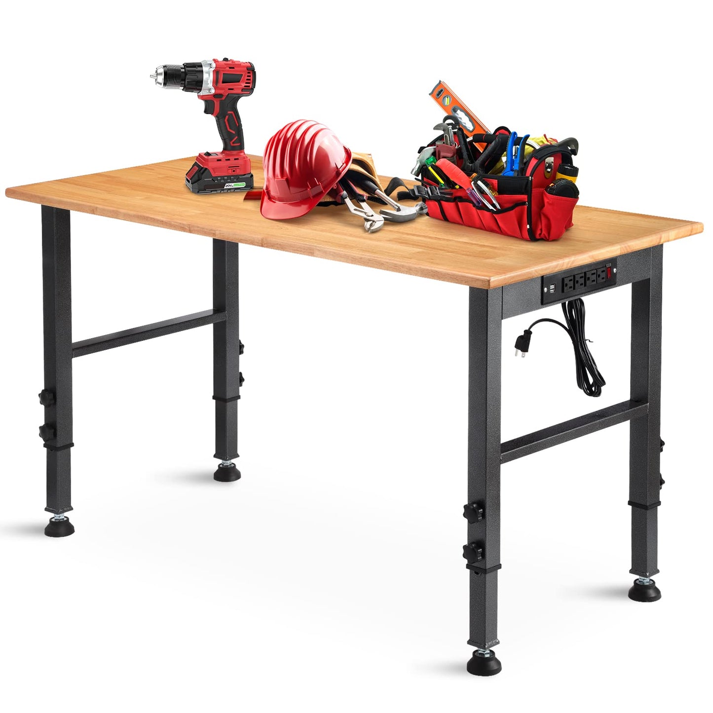 OLBRUS 48 "Adjustable Workbench with Power Outlet, Heavy Duty 2000 LBS Load Capacity Hardwood Workbench Suitable for Workshop, Office, Garage, Home - WoodArtSupply