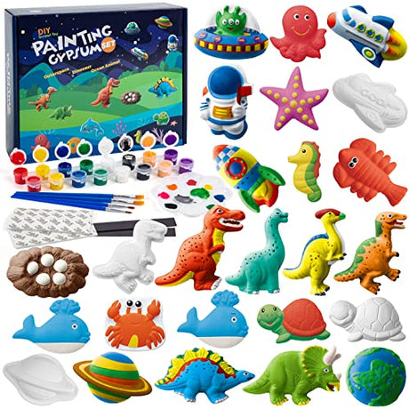 Juboury Kids Arts and Crafts Plaster Painting Craft Kit Art Set - Painting Your Own Space Dinosaurs & Marine Life Figurines - Ceramic Painting Kit Juboury