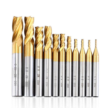 TOPPROS Pack of 10 4-Flute Titanium Coat End Mill Bits, 5/64" - 3/8" HSS CNC Straight Shank Drill Bits Cutter Tool Set for Wood Aluminum Steel TOPPROS