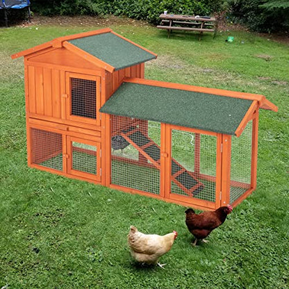 61" Wooden Chicken Coop Hen House,Chicken Coop,Wooden Rabbit Hutch Pet Cage Shelter Hen House with Waterproof Roof, Ladder,Ramps, Run, Nesting Box