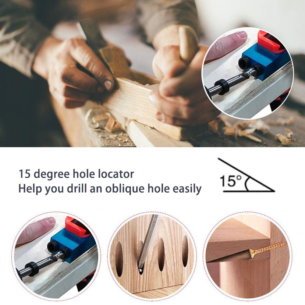 ZLMONDEE 14Pcs Pocket Hole Jig Kit, 15 Degree Woodworking Inclined Hole Jig with 6/8/10mm Drive Adapter for Woodworking Angle Drilling Holes, Angle ZLMONDEE