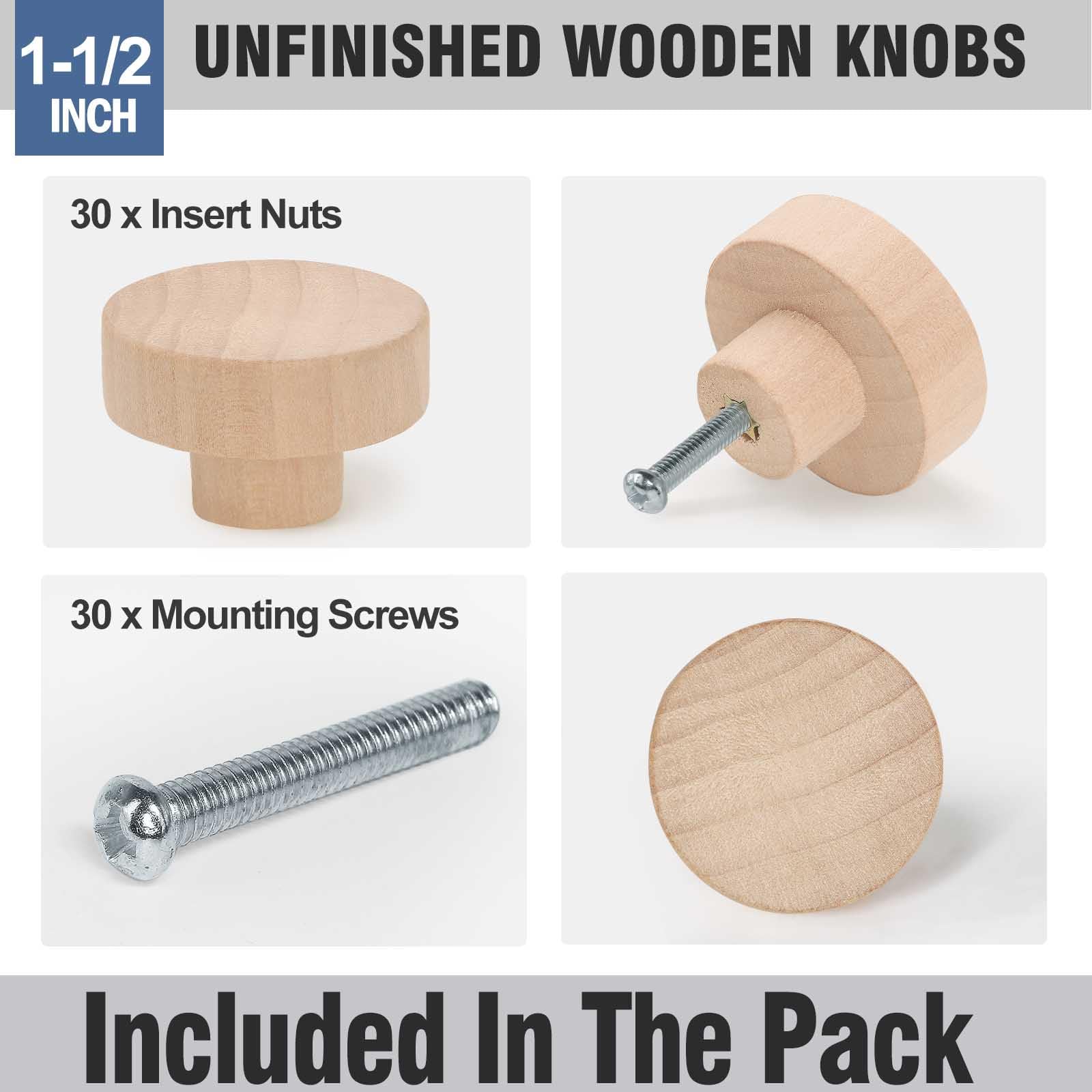 FoDau770 30pcs Unfinished Wood Knobs, Flat Top Round Cabinet Knobs Vintage Drawer Knobs, Natural Wooden Cabinet Hardware for Furniture Drawer Dresser - WoodArtSupply