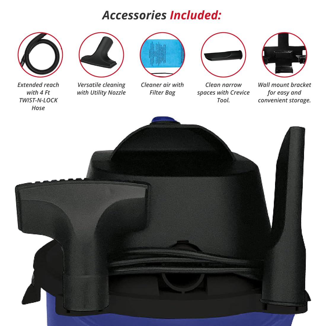 Koblenz WD-2.5 L Portable Wet/Dry, 2.5 Gallon 2.5HP Wall Mountable Vacuum, Blue+Black, 5 Year Warranty Koblenz