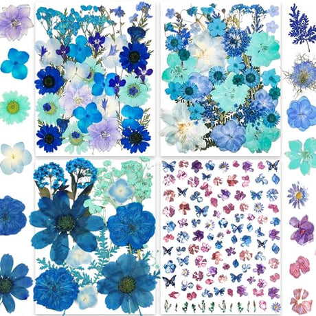 30 Types 147PCS Blue Dried Pressed Flowers with Butterfly Stickers - Youthbro Real Nature Flowers Herb Set for Resin DIY Jewelry Candle Soap Vase YouthBro