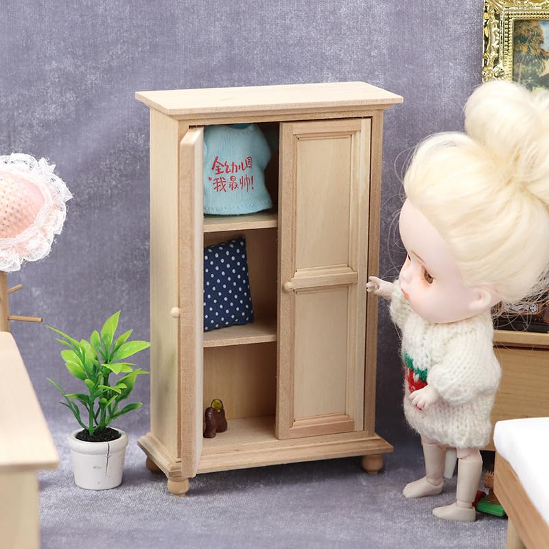 AirAds Dollhouse 1:12 Scale Dollhouse Furniture Wardrobe Closet 3-Shelf 2-Door Armoire Unfinished Wood