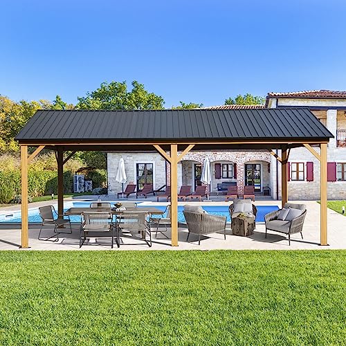 Domi 12x20FT Hardtop Gazebo, Galvanized Steel Gable Roof Gazebo Pergola with Wood Grain Aluminum Frame, Outdoor Permanent Gazebo Pavilion for Patio, domi outdoor living