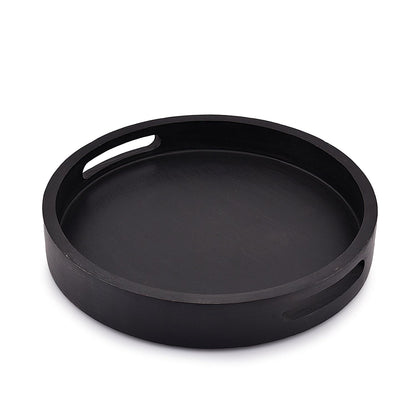 EDHAS Acacia Wood Round Black Serving Tray with Cutout Handle |Home Restaurants Coffee, Food, Breakfast, Dinner Décor (12" x 12" x 1.6") - WoodArtSupply