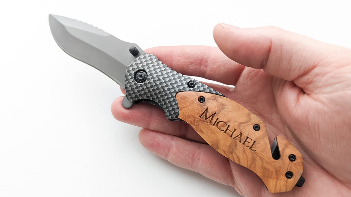 Personalized Engraved Olive Wood Handle Pocket Knife With Gift Box MRC Wood Products