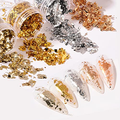 Nail Foil Flakes 4 Bottles Gold Foil Flakes Metallic Gold Foil Set for Nails, Resin, Epoxy, Makeup, Jewelry, Candle Molds UVANKAUP