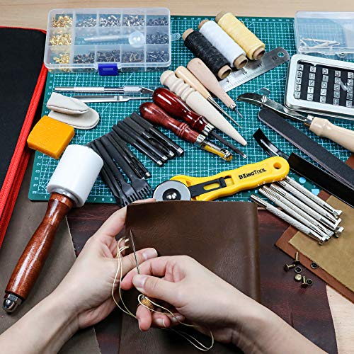 275 pcs Advanced Leather Sewing Tools and Supplies with Carrying Organizer Cutting Mat Stamping Tools Needles Snaps and Rivets Kit Perfect for