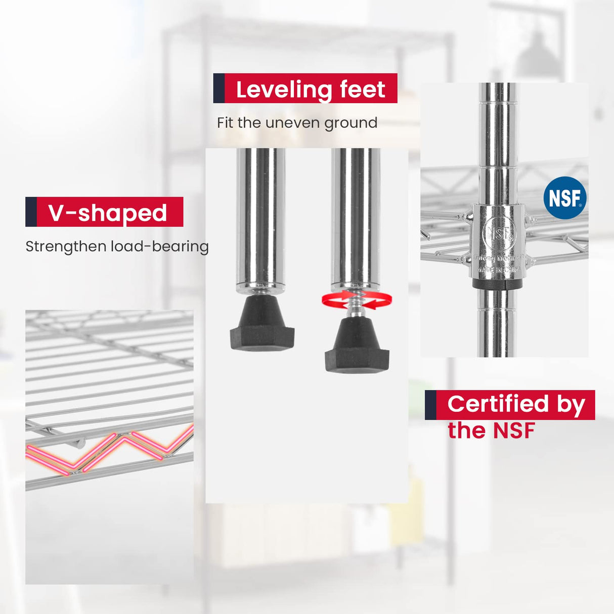 BestOffice 4-Shelf Adjustable Storage Shelving Unit Metal Rack Wire Shelf 600Lbs Capacity with 4 PP Sheets 18L x 12W x 44H for Laundry Bathroom BestOffice