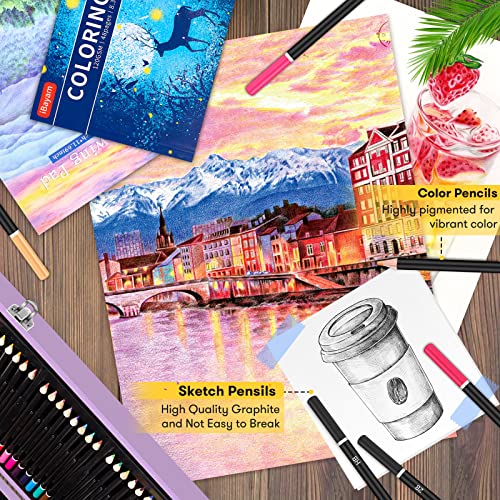 iBayam Art Supplies, 150-Pack Deluxe Wooden Art Set Crafts Drawing Painting Kit with 1 Coloring Book, 2 Sketch Pads, Creative Gift Box for Adults iBayam