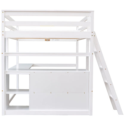 Harper & Bright Designs White Full Size Loft Bed with Desk, Shelves and Storage Drawers - WoodArtSupply