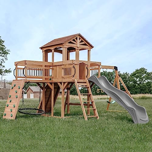 Backyard Discovery Sterling Point All Cedar Wooden Swing Set, Raised Clubhouse, Grey Wave Slide, Web Swing, Climbing Wall, 10ft Wave Slide, 2 Belt Backyard Discovery