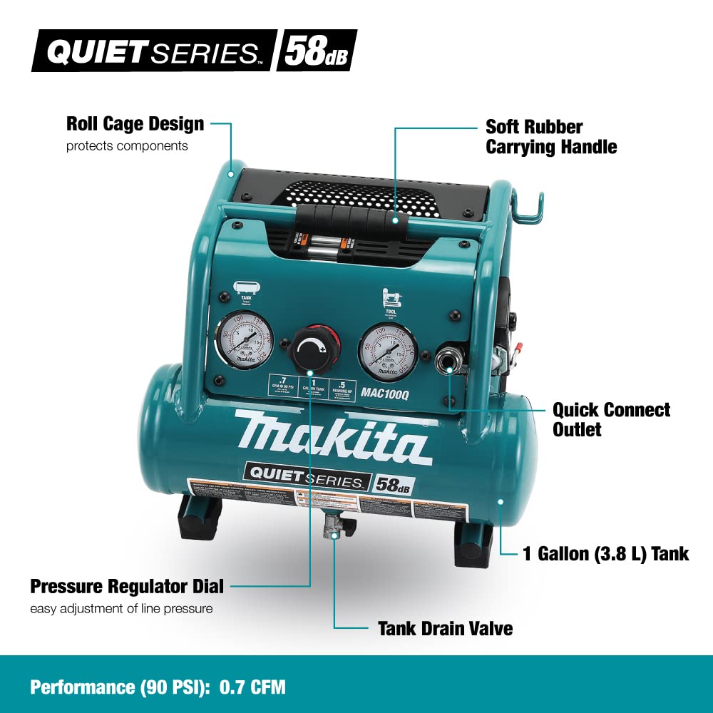 Makita MAC100Q Quiet Series, 1/2 HP, 1 Gallon Compact, Oil-Free, Electric Air Compressor - WoodArtSupply