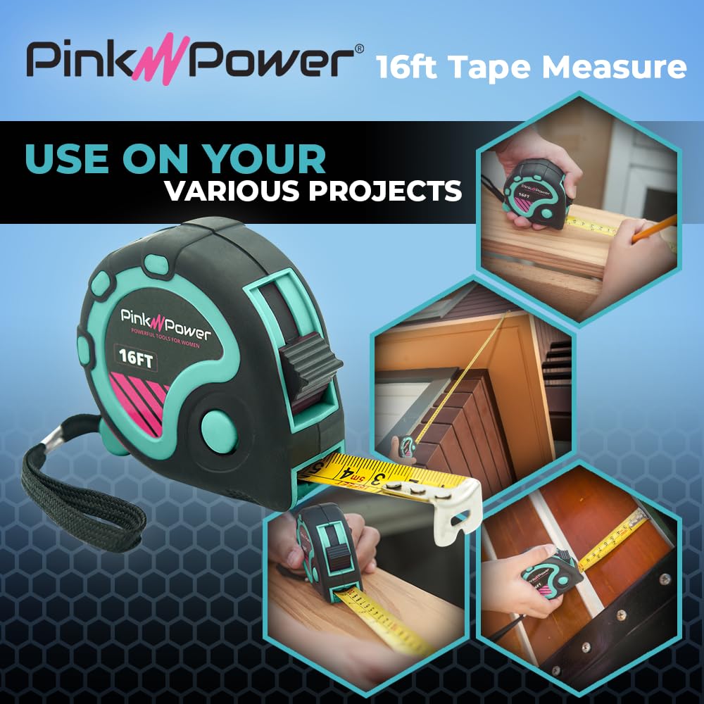 Pink Power 16ft Blue Tape Measure - Small Measuring Tape Measure for Tool Kit with Retractable Blade and Lock Button - Small Tape Measure - Heavy Pink Power