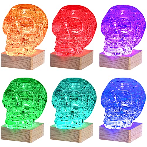 3D Skull Crystal Puzzle, Skull Assembly Brain Teaser with Light-Up Wood Base for Halloween Decorations Indoor, Plastic Skull DIY Puzzle Blocks 3D WoodArtSupply