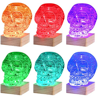 3D Skull Crystal Puzzle, Skull Assembly Brain Teaser with Light-Up Wood Base for Halloween Decorations Indoor, Plastic Skull DIY Puzzle Blocks 3D - WoodArtSupply