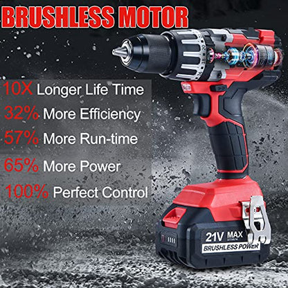 AOBEN 21V Cordless Hammer Drill, High Torque 1200 In-lbs, 1/2-Inch Power Hammer Drill Brushless, with 4.0Ah Li-ion Battery and Charger, Auxiliary - WoodArtSupply