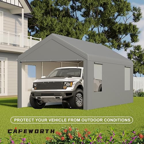 CAPEWORTH Carport,12x20 Heavy Duty Carports, Canopy, Garage, Metal Shed, with 4 Roll-up Ventilated Windows, Outdoor, Storage, Car, Boat,12x20 Grey CAPEWORTH